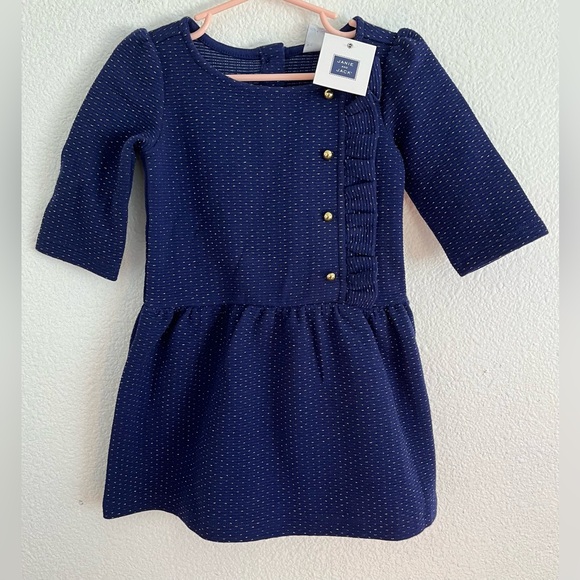Janie & Jack Navy & Gold Shimmer Long Sleeve Button Dress 2T - Picture 1 of 15